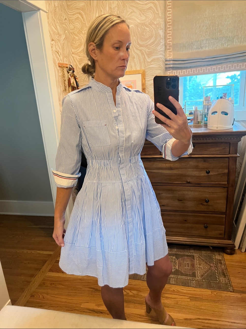 Striped Blue & White Button-Front Mini Dress